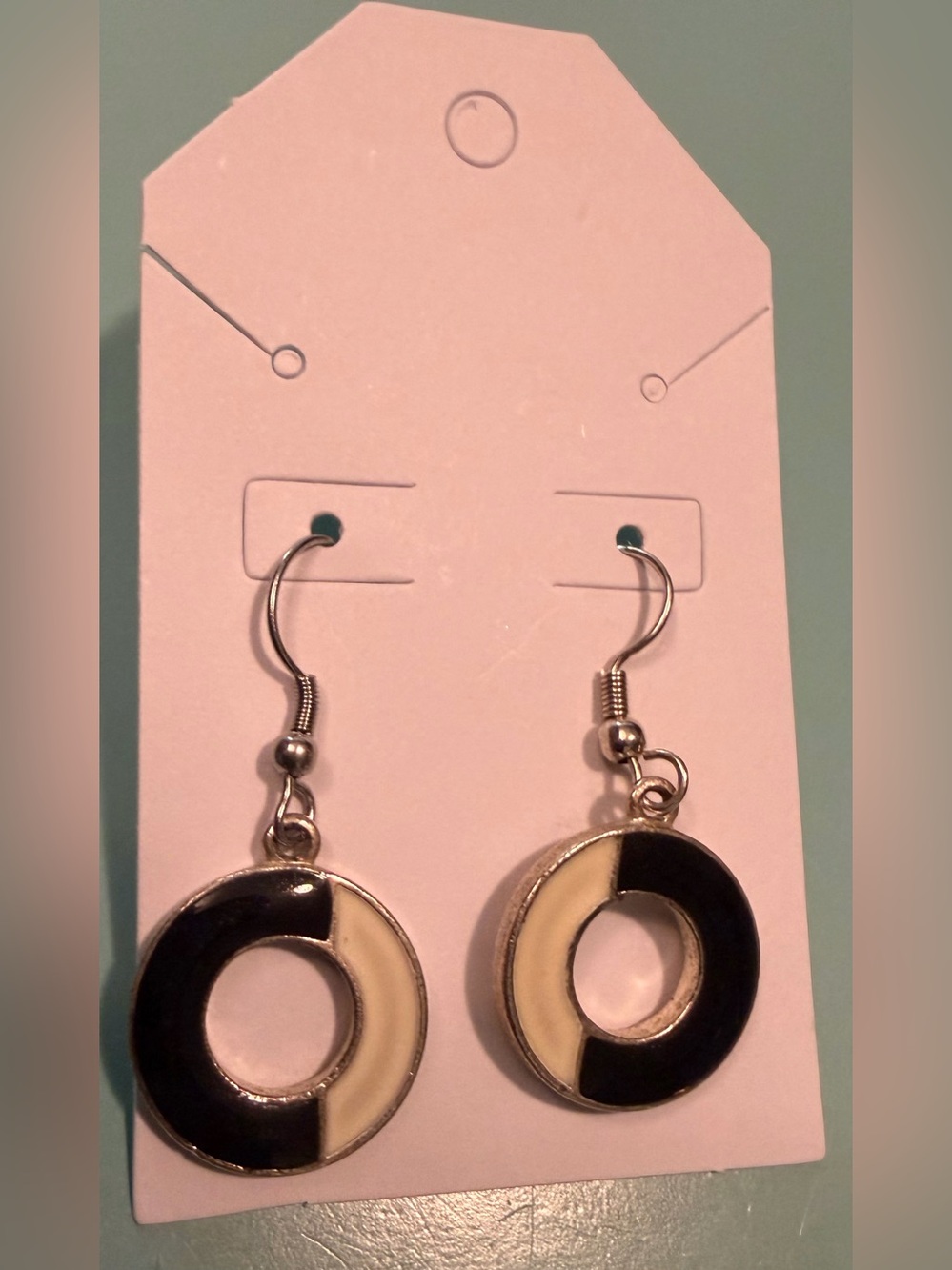 Vintage Two-Tone Black and white Enamel Round Drop Earrings